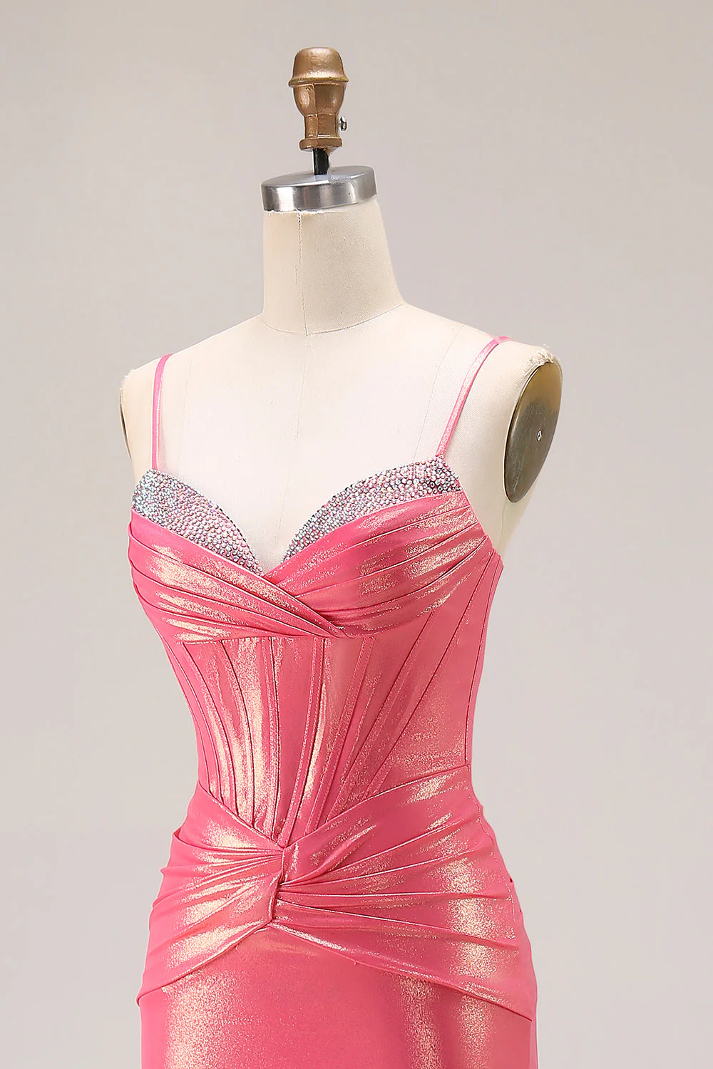 Glitter Watermelon Mermaid Pleated Corset Long Prom Dress With Beading - Image 6