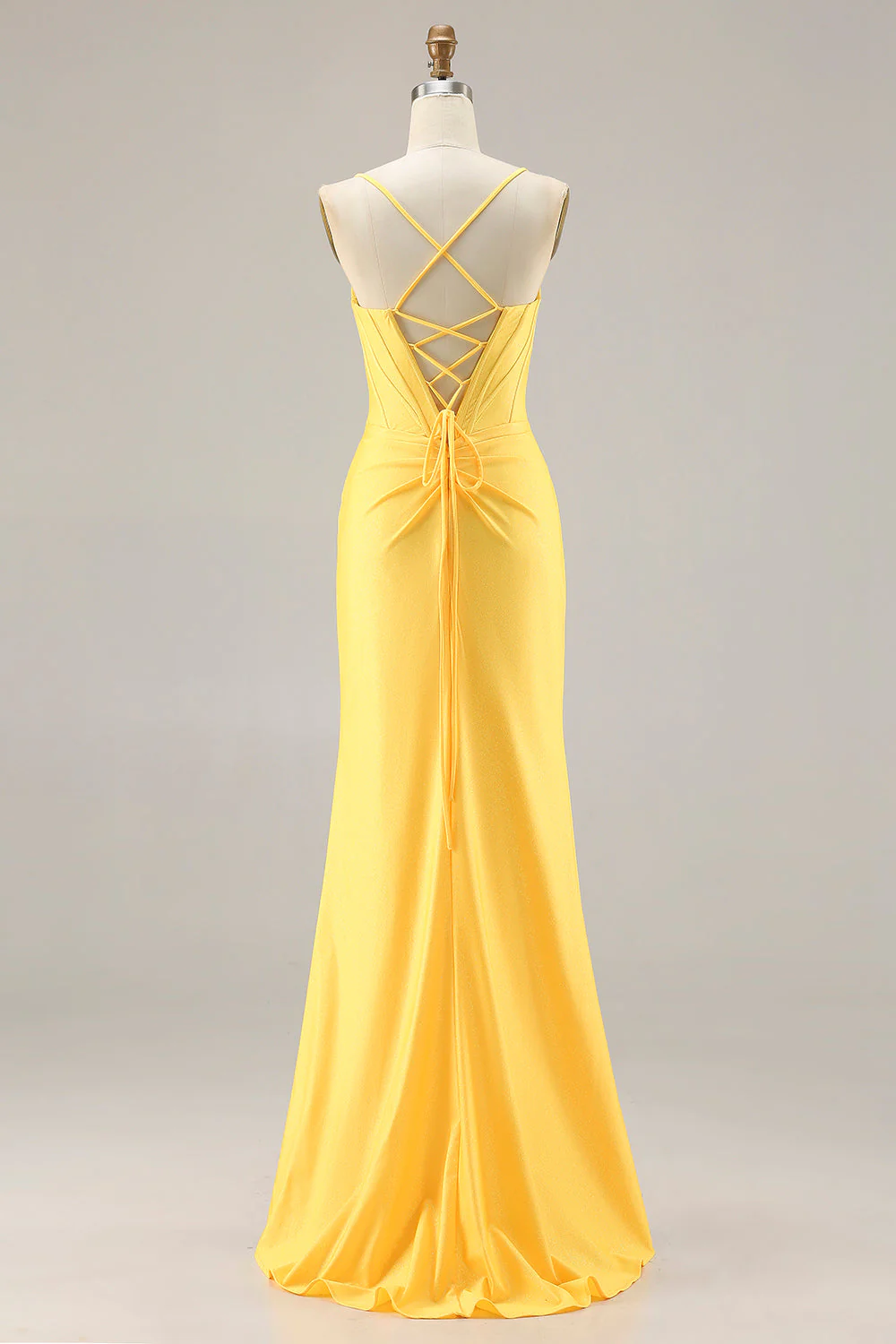 Glitter Yellow Mermaid Beaded Corset Lace Up Back Long Prom Dress with Slit - Image 2