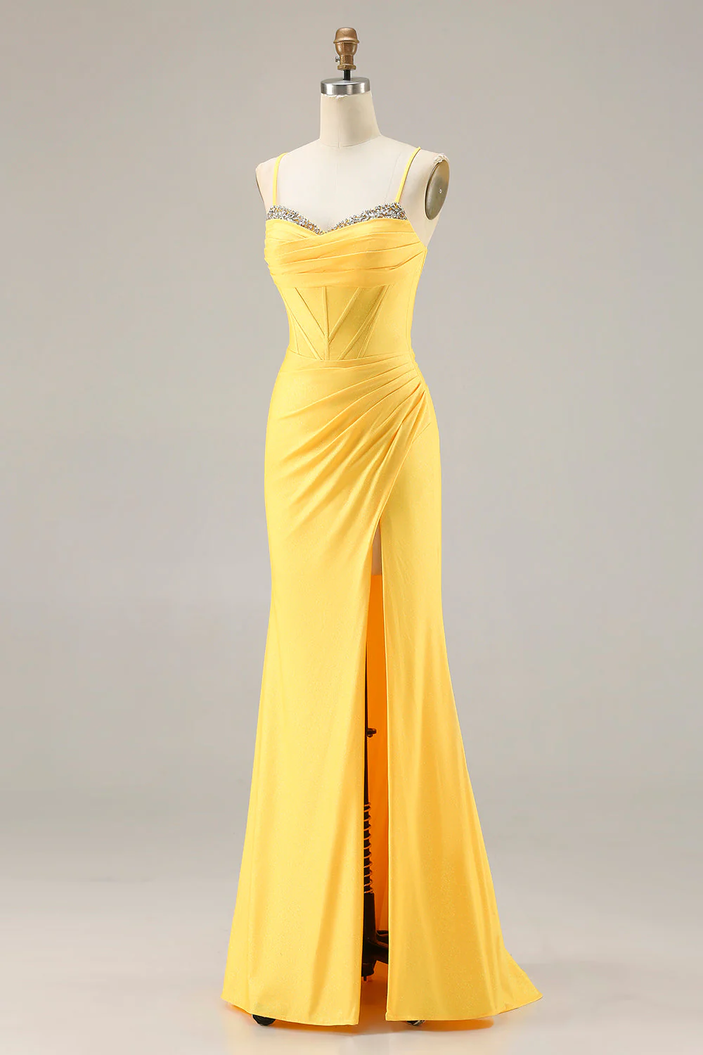Glitter Yellow Mermaid Beaded Corset Lace Up Back Long Prom Dress with Slit - Image 3