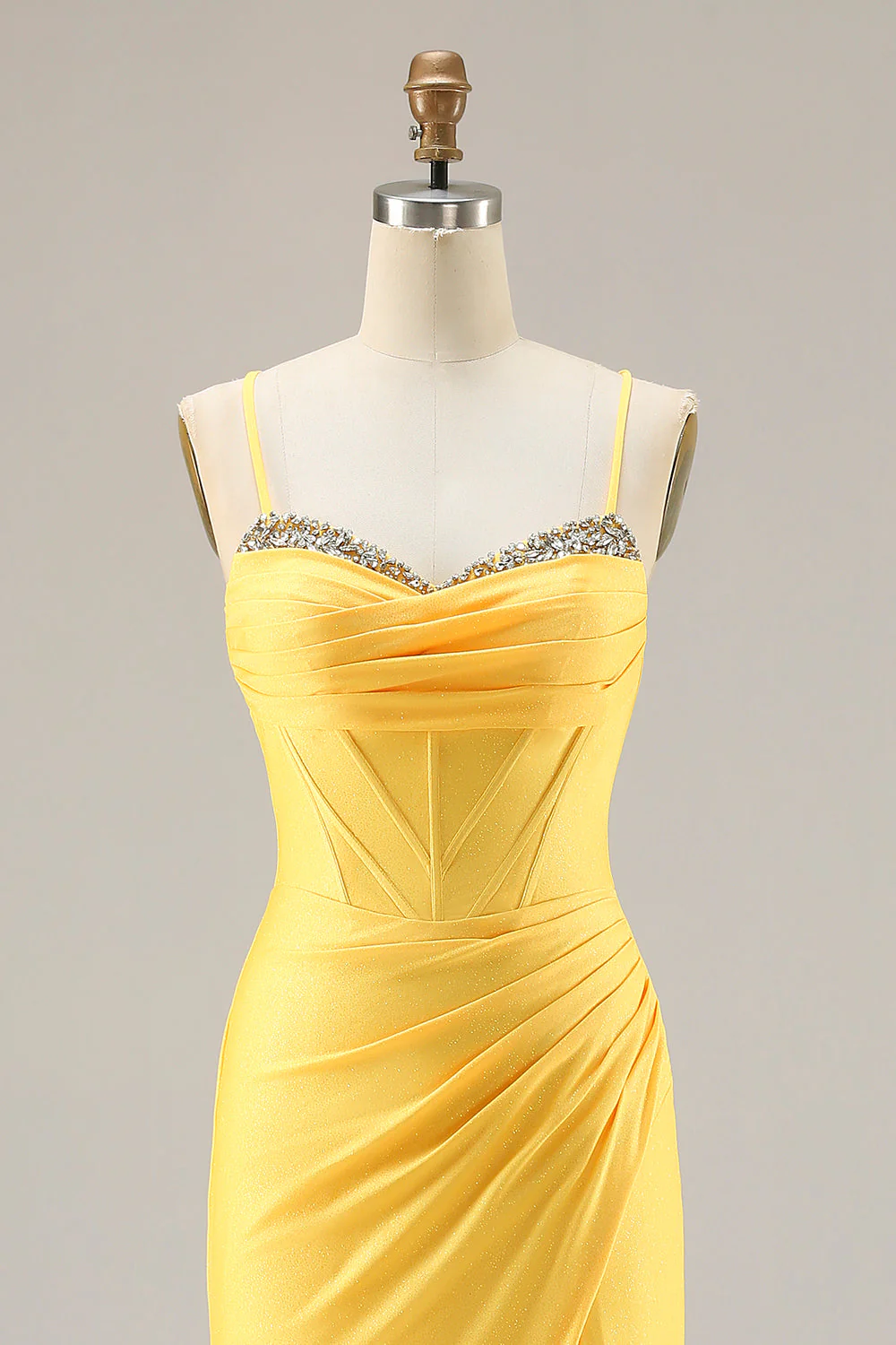 Glitter Yellow Mermaid Beaded Corset Lace Up Back Long Prom Dress with Slit - Image 4