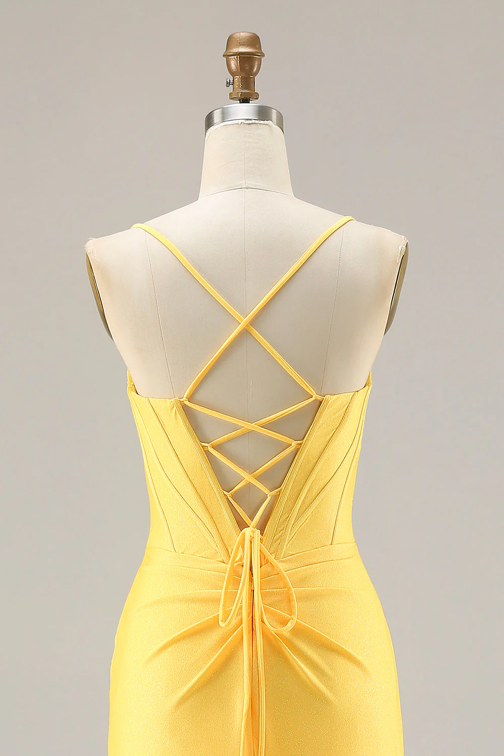Glitter Yellow Mermaid Beaded Corset Lace Up Back Long Prom Dress with Slit - Image 5
