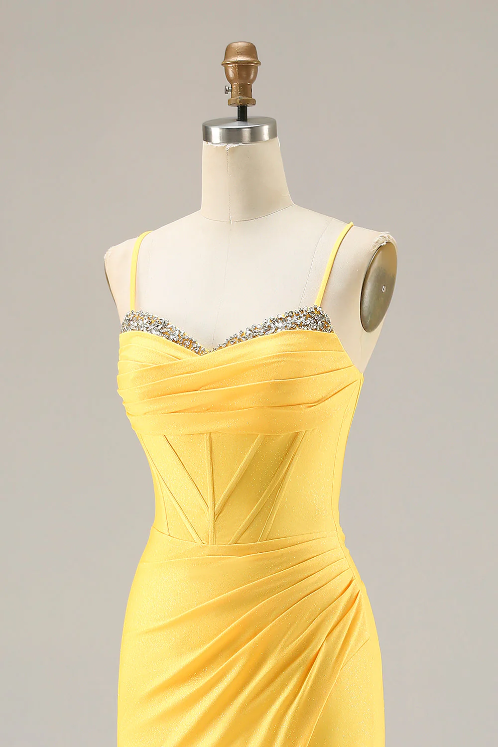 Glitter Yellow Mermaid Beaded Corset Lace Up Back Long Prom Dress with Slit - Image 6