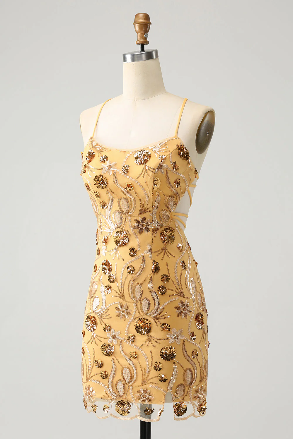 Glitter Yellow Sequined Embroidery Tight Short Graduation Dress with Beading - Image 3