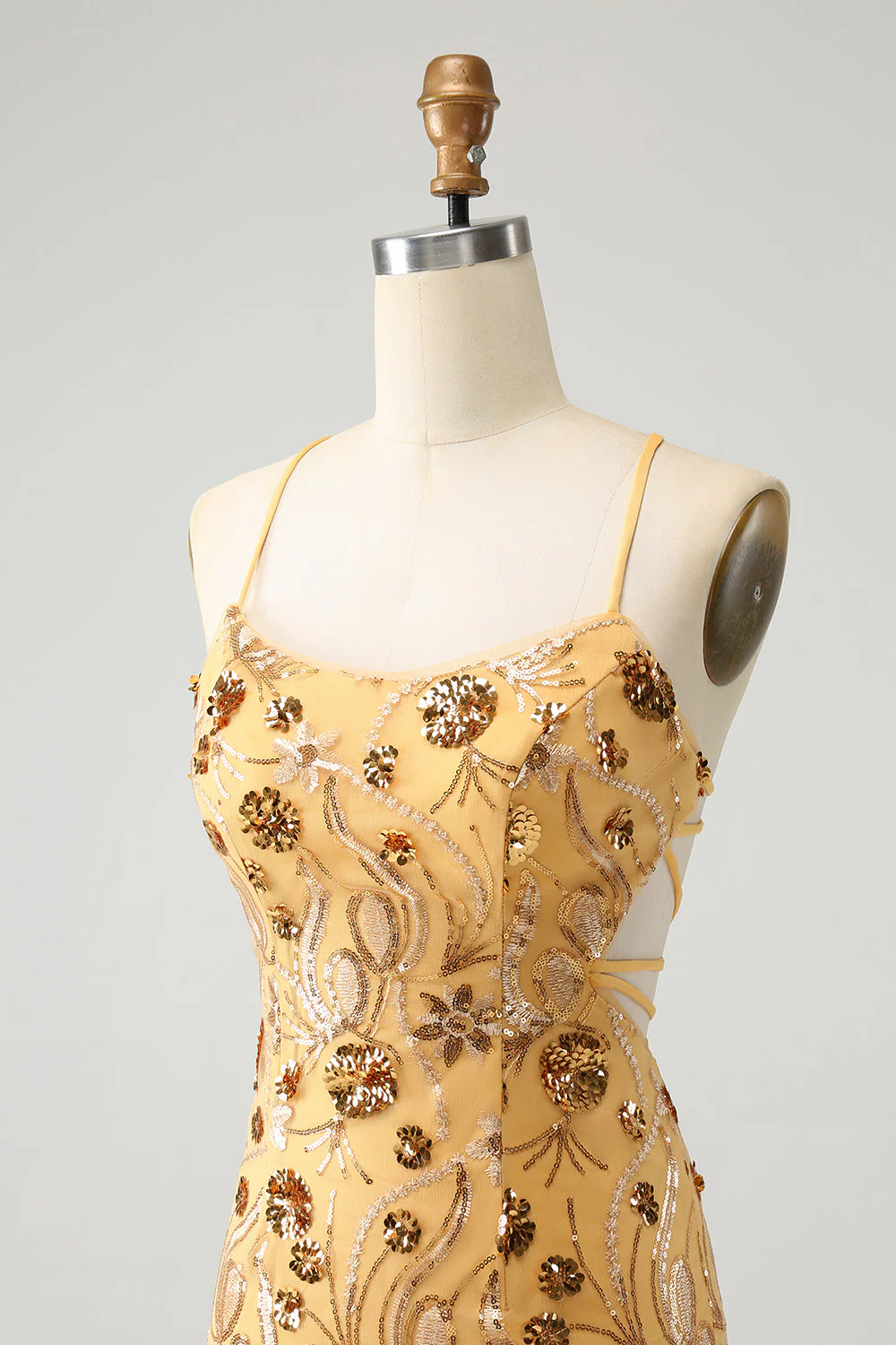Glitter Yellow Sequined Embroidery Tight Short Graduation Dress with Beading - Image 6