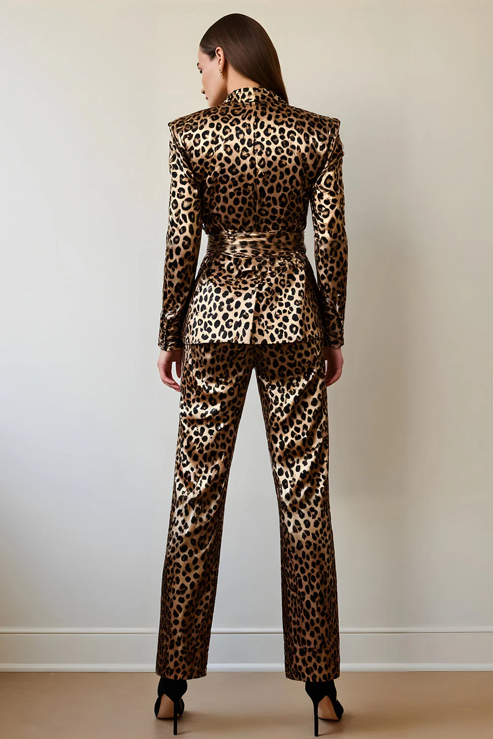 Gold Black Leopard Shawl Lapel 2 Piece Women Prom Suits - Image 2