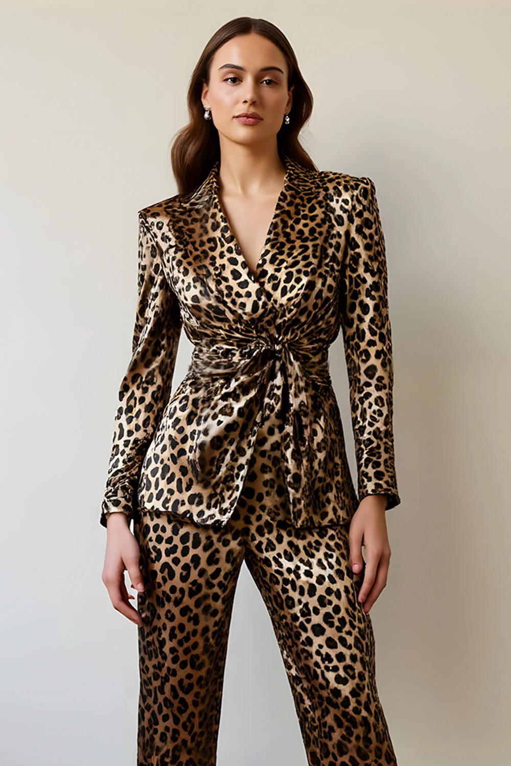 Gold Black Leopard Shawl Lapel 2 Piece Women Prom Suits - Image 3