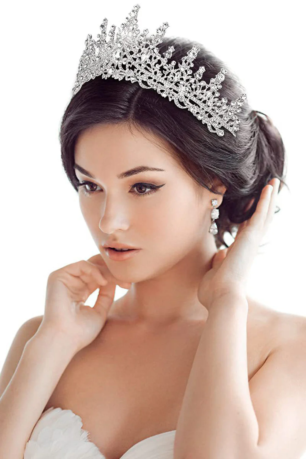 Silver White Crystal Prom Queen Pageant Crown Tiara with Rhinestones - Image 2