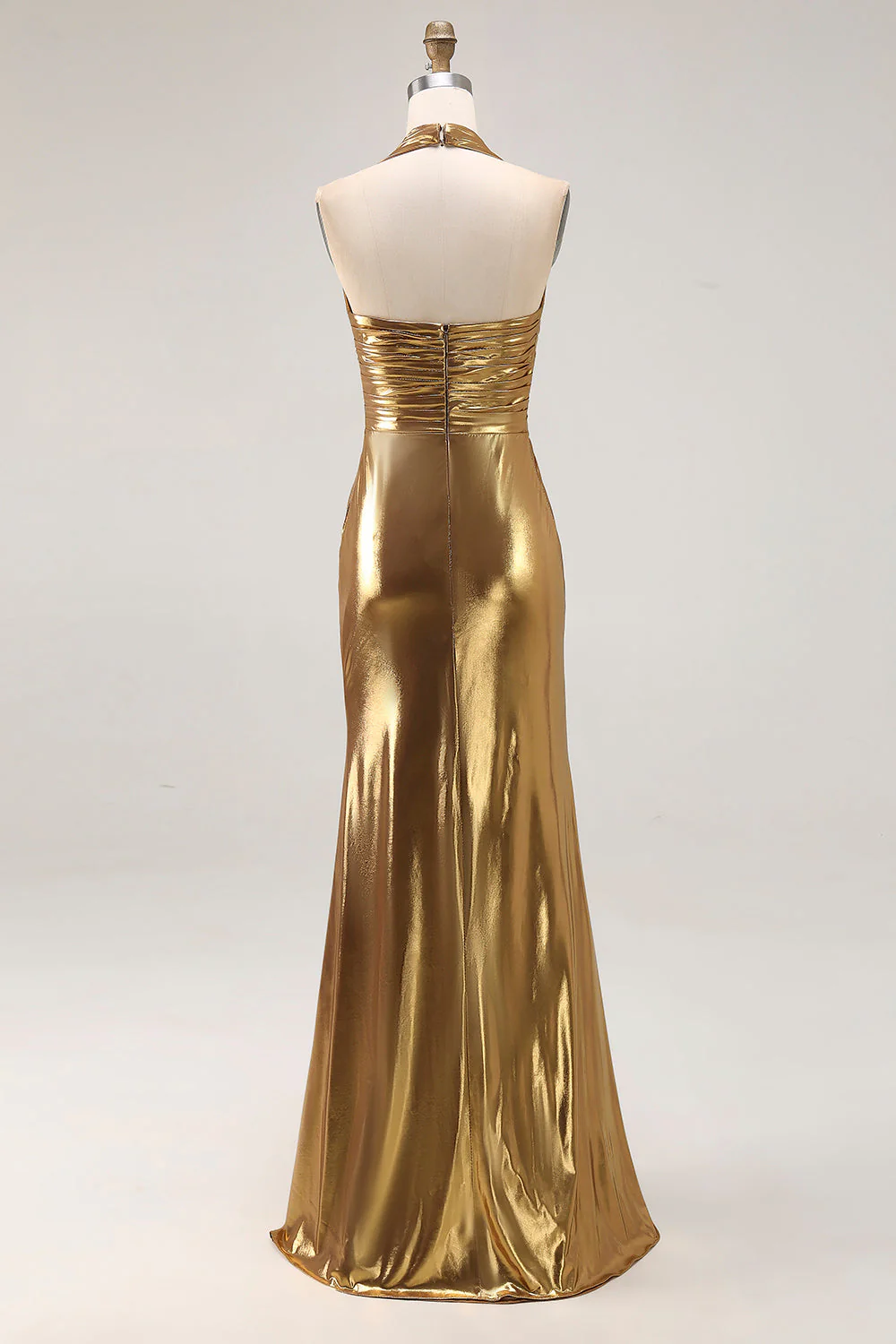 Gold Halter Metallic Ruched Long Evening Dress wth Slit - Image 2