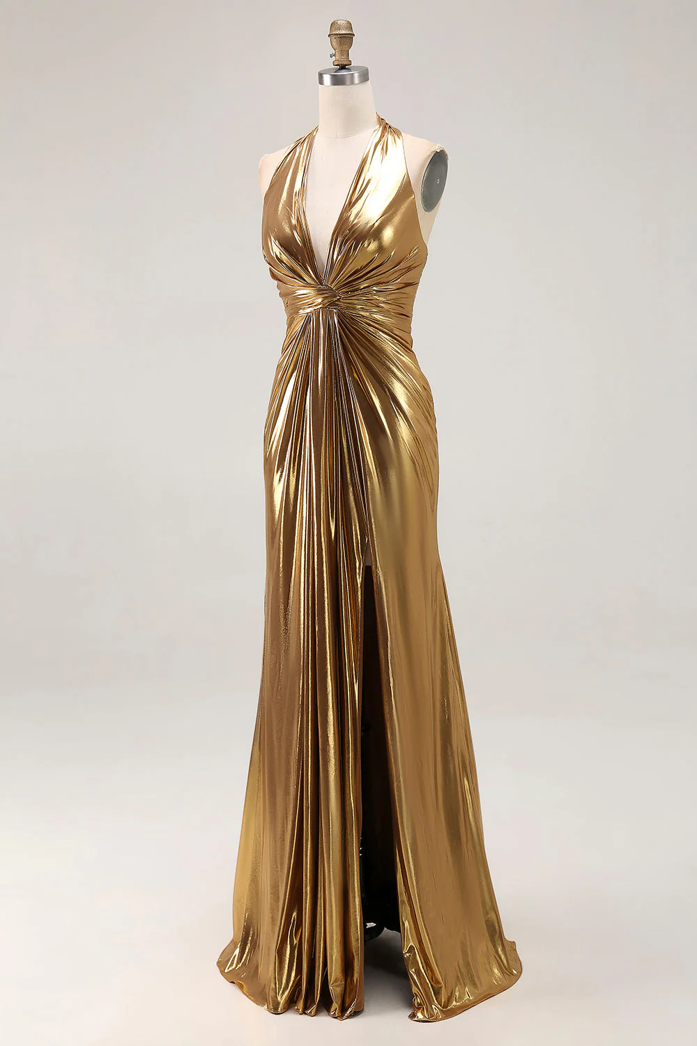 Gold Halter Metallic Ruched Long Evening Dress wth Slit - Image 5