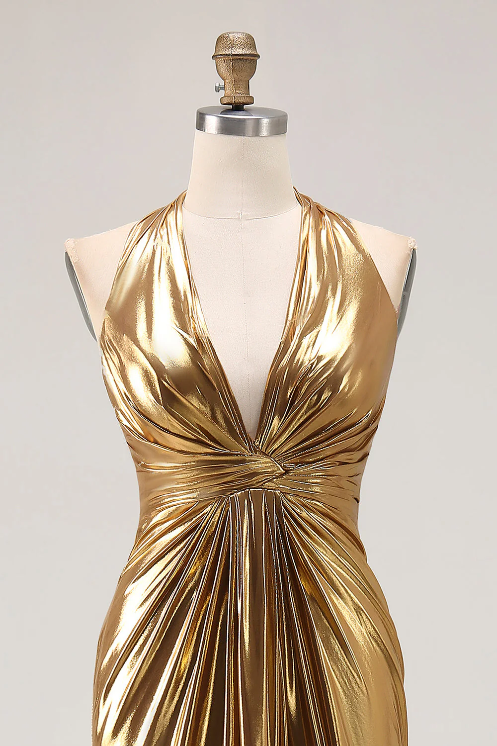 Gold Halter Metallic Ruched Long Evening Dress wth Slit - Image 6