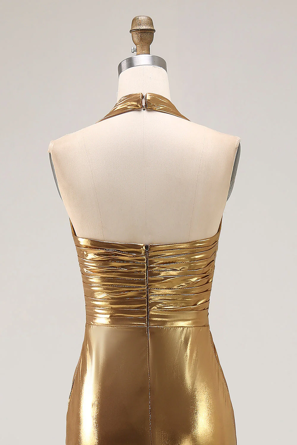 Gold Halter Metallic Ruched Long Evening Dress wth Slit - Image 7