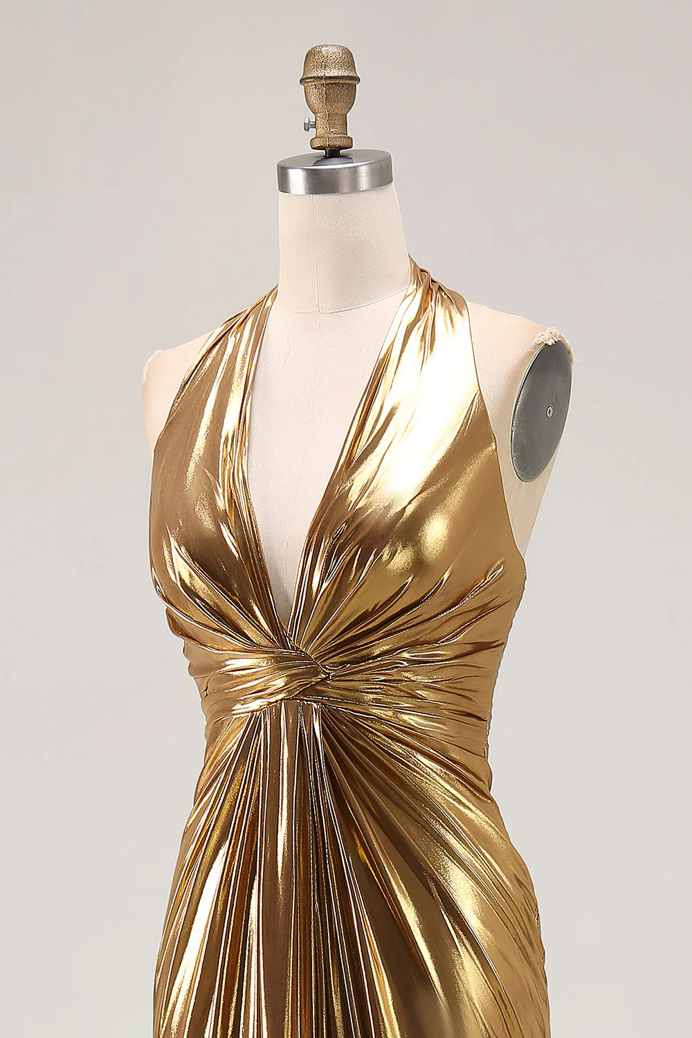 Gold Halter Metallic Ruched Long Evening Dress wth Slit - Image 8