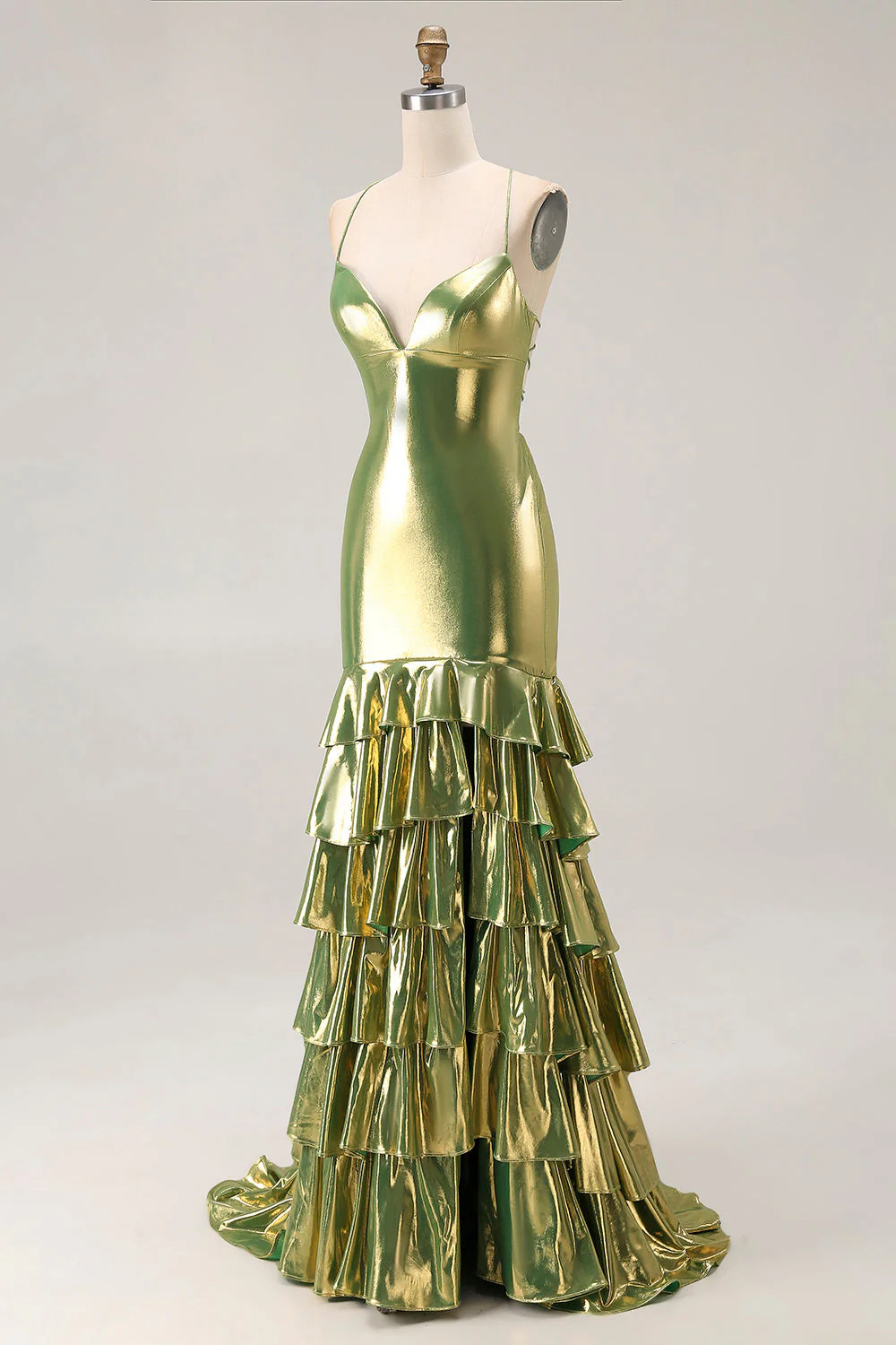 Gold Metallic Tiered Mermaid Tie Back Long Prom Dress With Slit - Image 3
