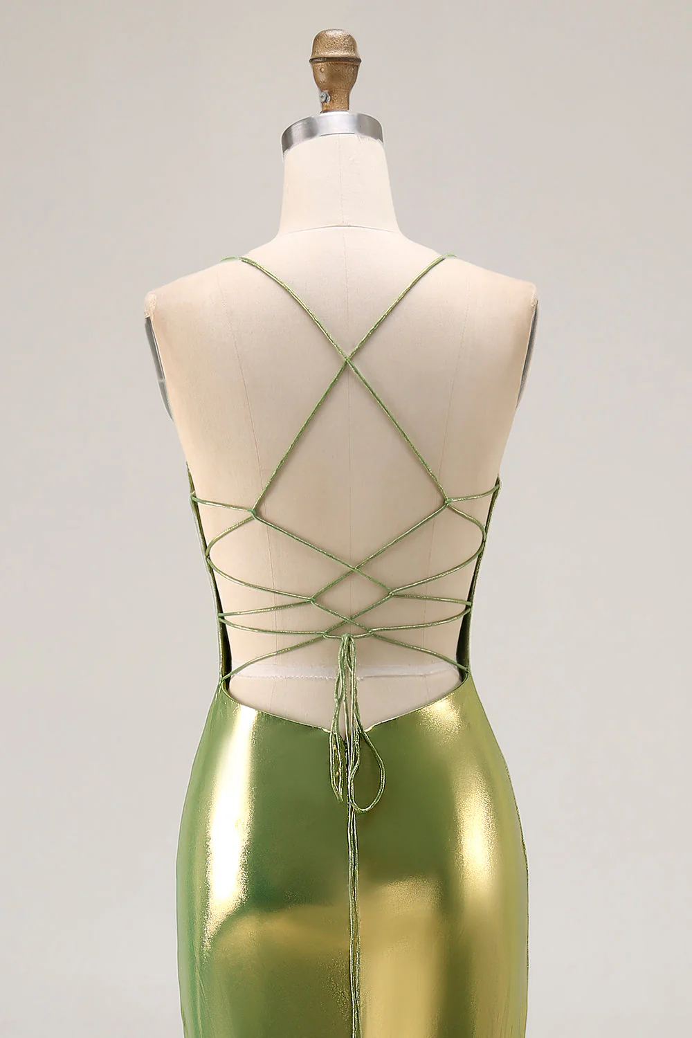 Gold Metallic Tiered Mermaid Tie Back Long Prom Dress With Slit - Image 6