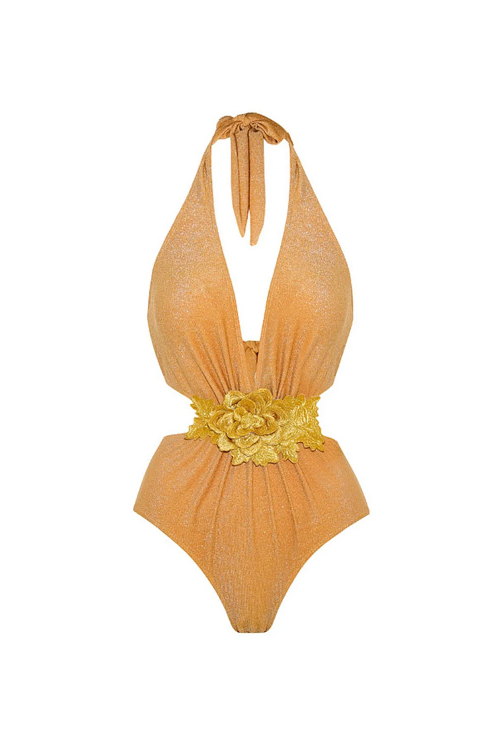 Golden 2 Piece Halter 3D Flower Swimsuit with Beach Dress - Image 2