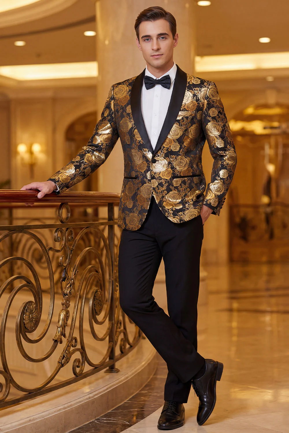 Golden Jacquard Floral Shawl Lapel Single Breasted Men' Blazer - Image 3