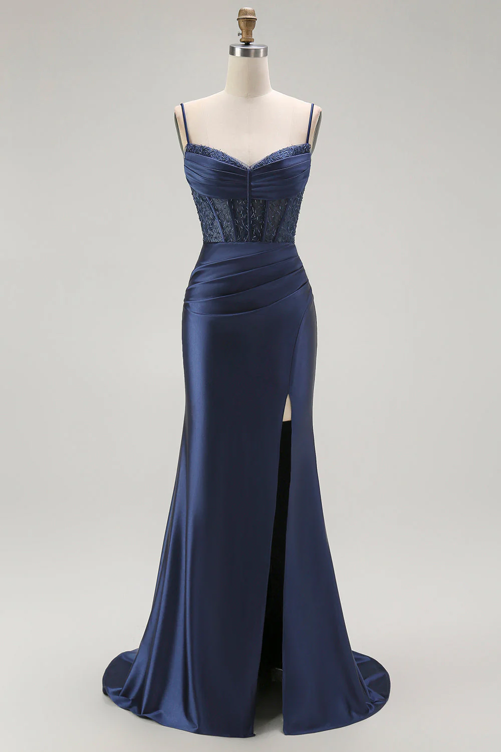 Golden Mermaid Spaghetti Straps Corset Pleated Long Prom Dress with Slit - Image 13