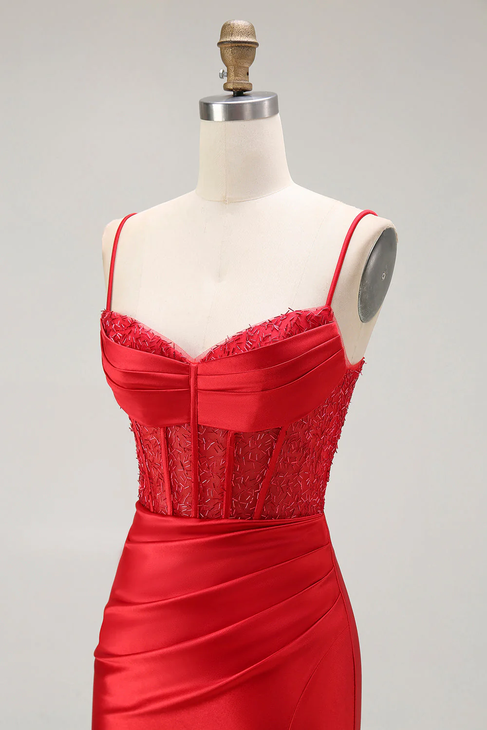 Golden Mermaid Spaghetti Straps Corset Pleated Long Prom Dress with Slit - Image 24