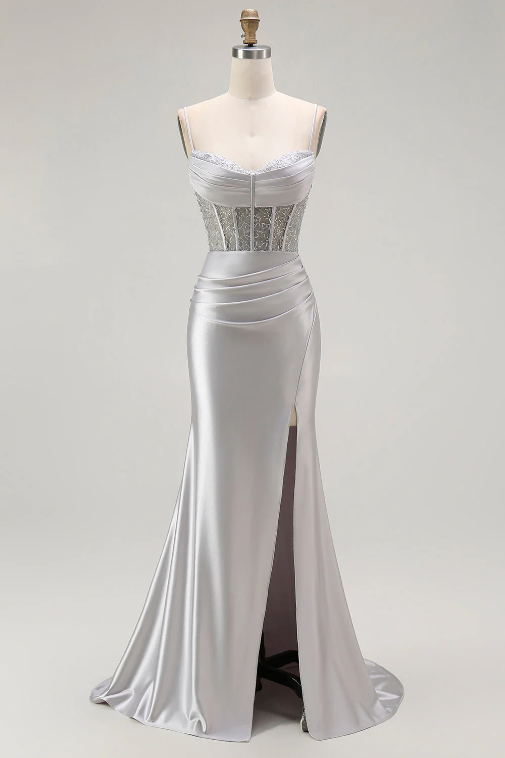 Golden Mermaid Spaghetti Straps Corset Pleated Long Prom Dress with Slit - Image 7