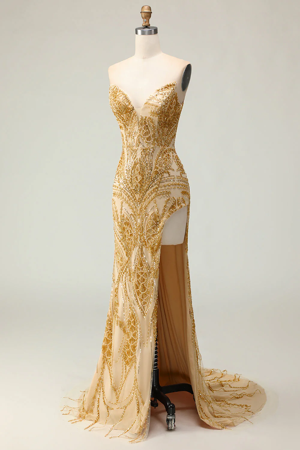 Golden Mermaid Sweetheart Beaded Long Prom Dress with Slit - Image 3