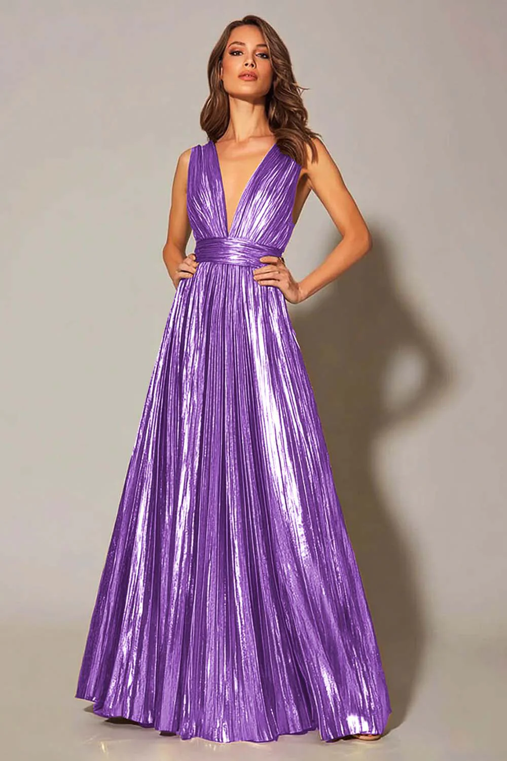 Golden Metallic A Line Pleated Formal Dress - Image 10
