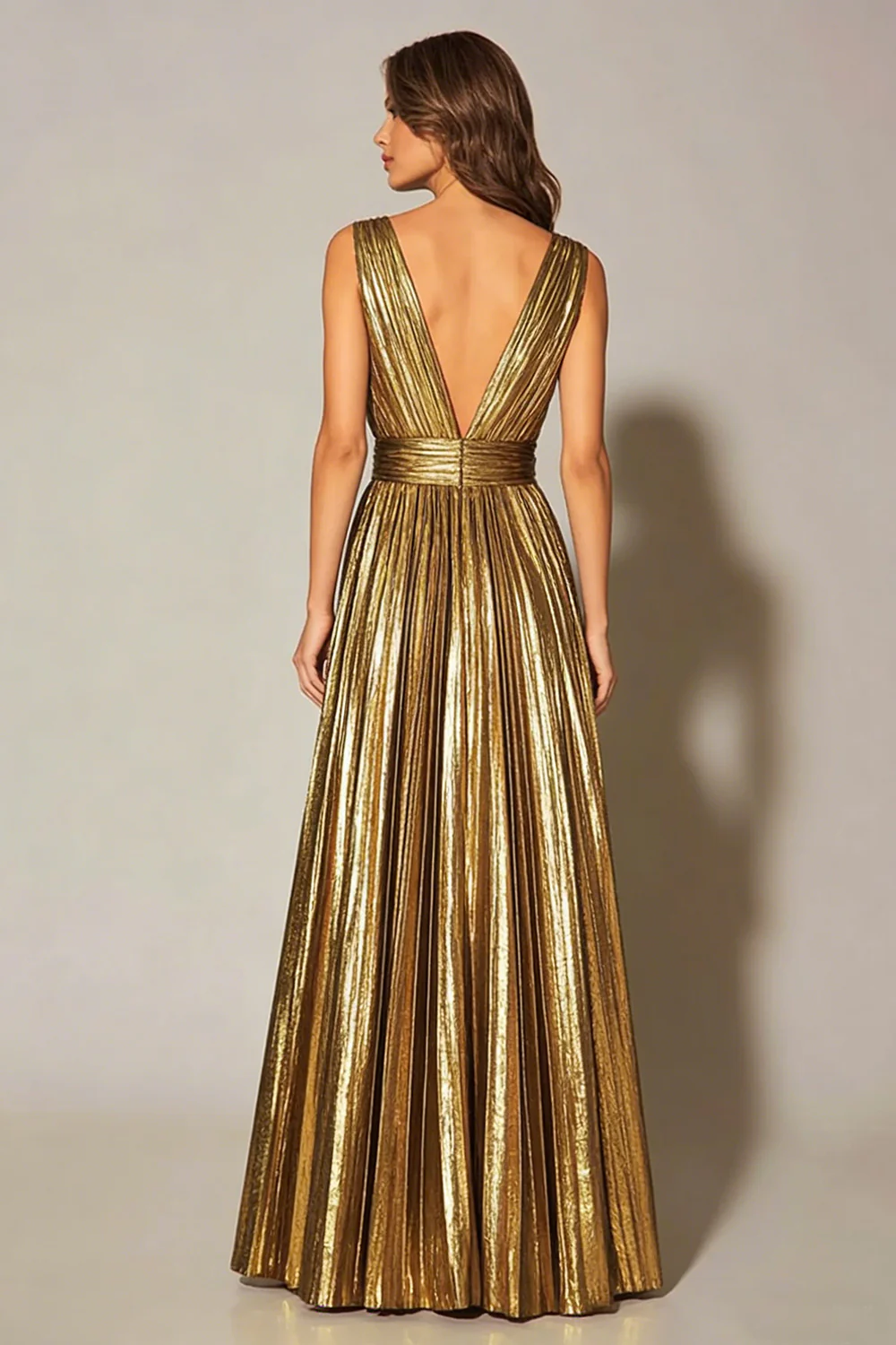 Golden Metallic A Line Pleated Formal Dress - Image 2