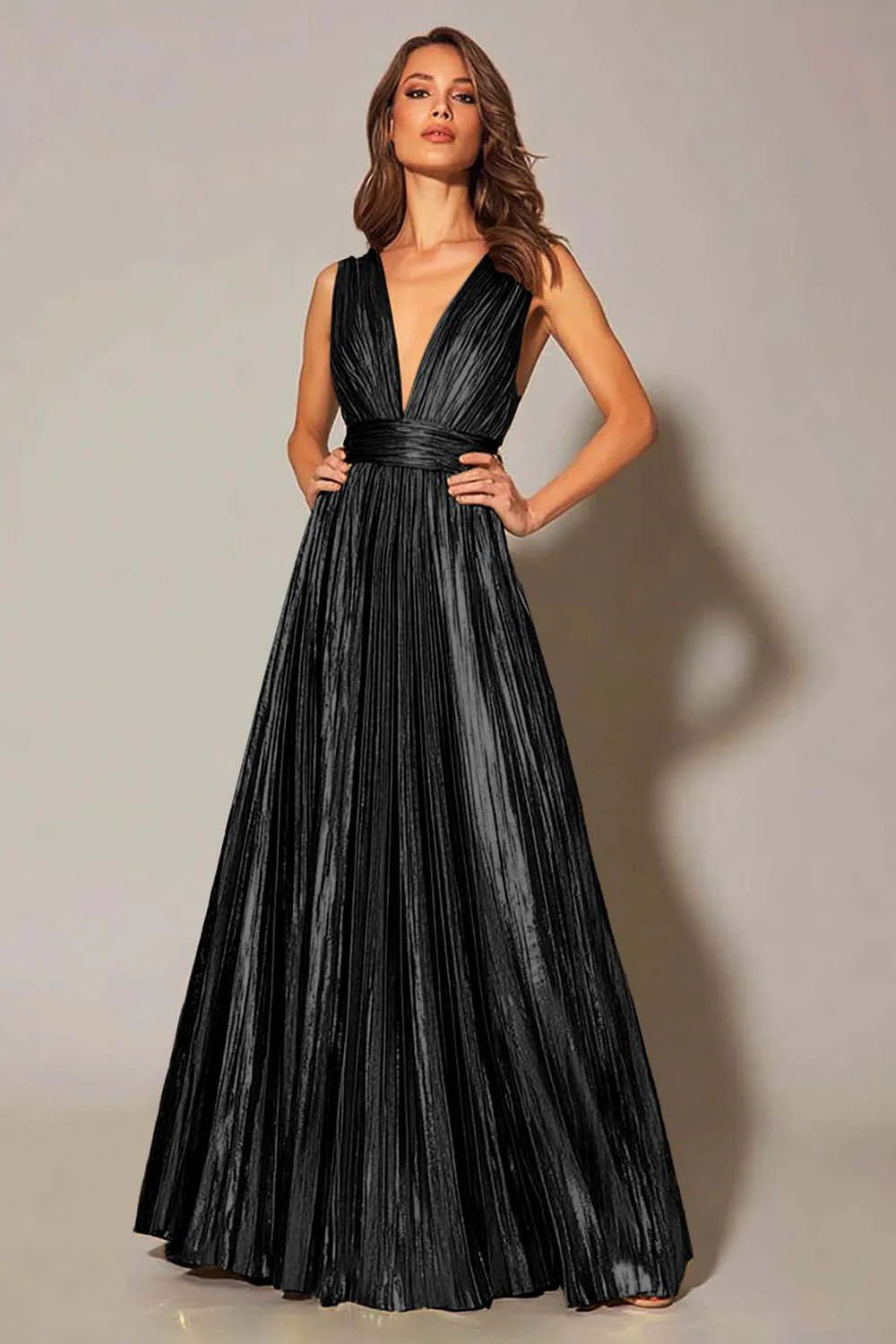 Golden Metallic A Line Pleated Formal Dress - Image 4