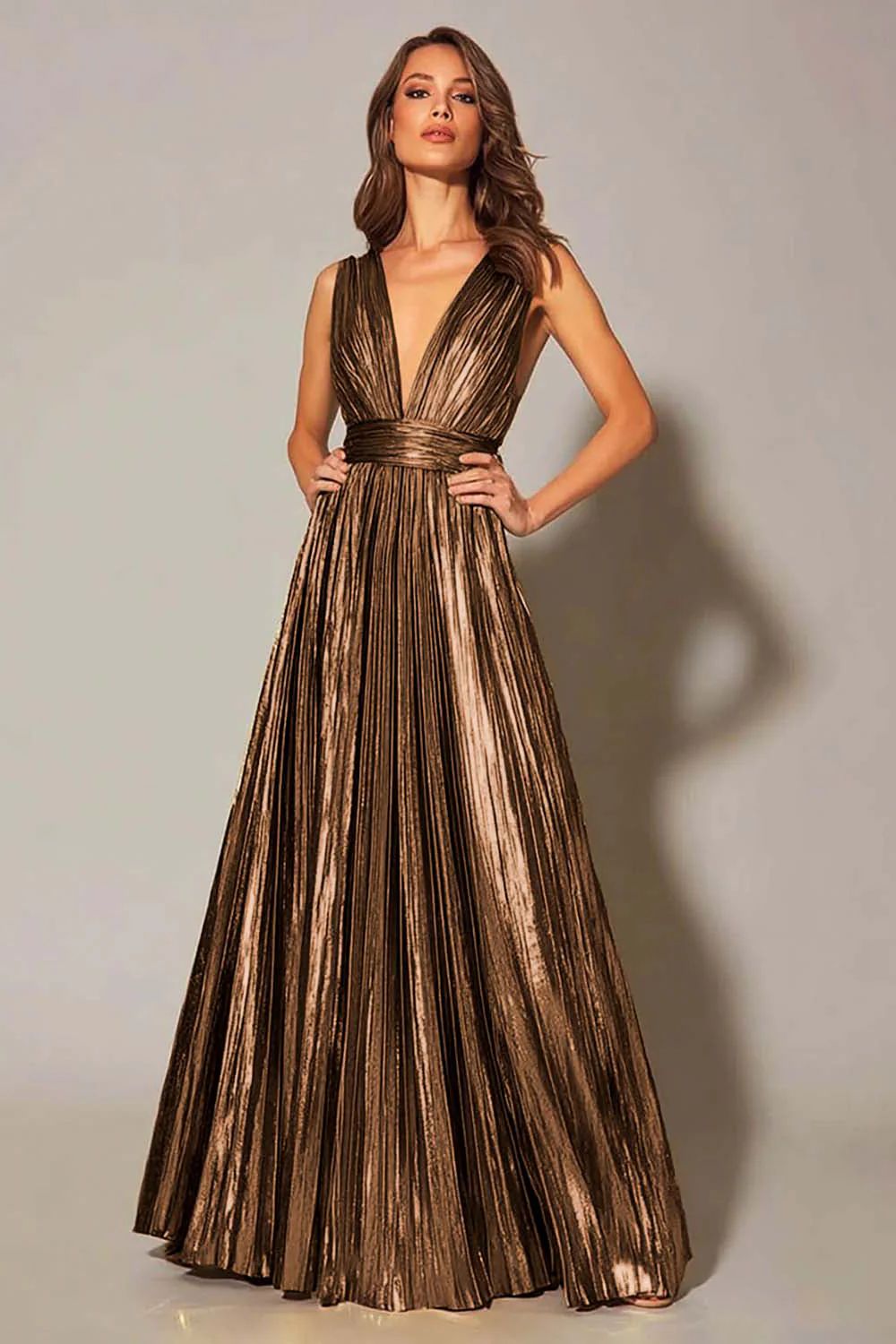 Golden Metallic A Line Pleated Formal Dress - Image 5