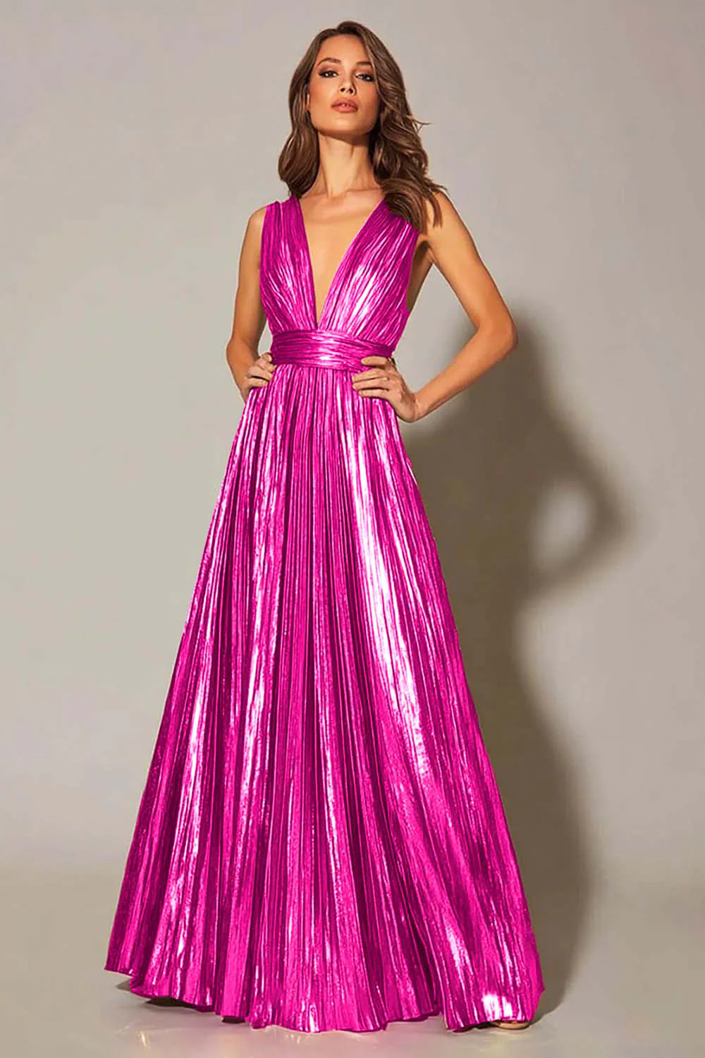 Golden Metallic A Line Pleated Formal Dress - Image 6