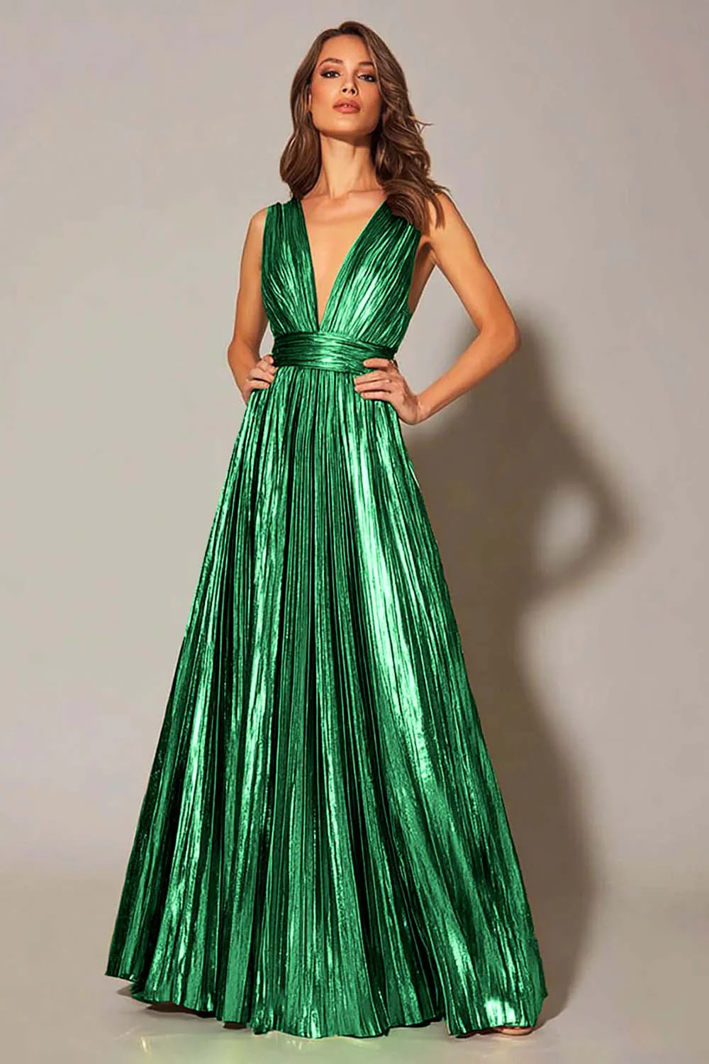 Golden Metallic A Line Pleated Formal Dress - Image 7