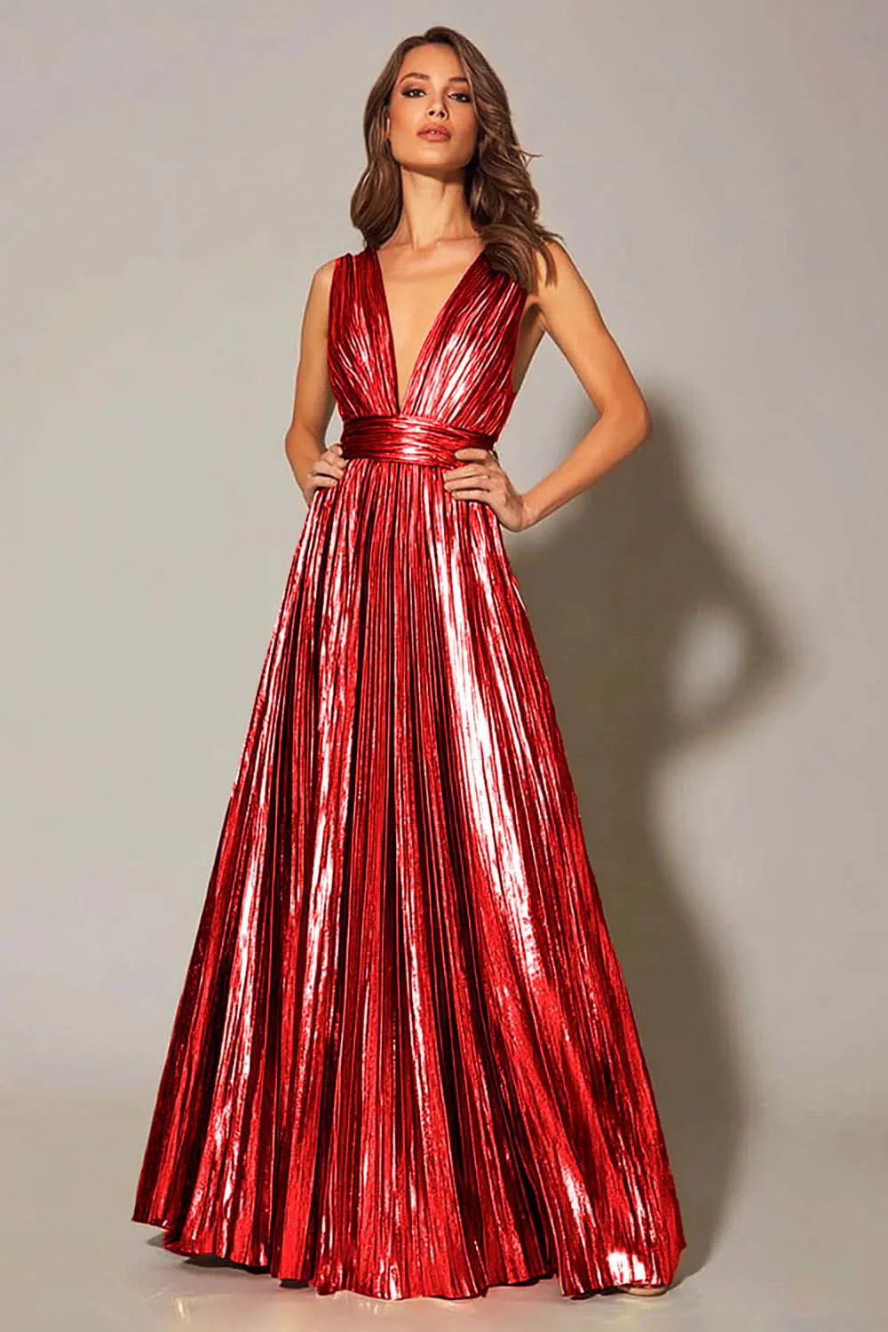Golden Metallic A Line Pleated Formal Dress - Image 8