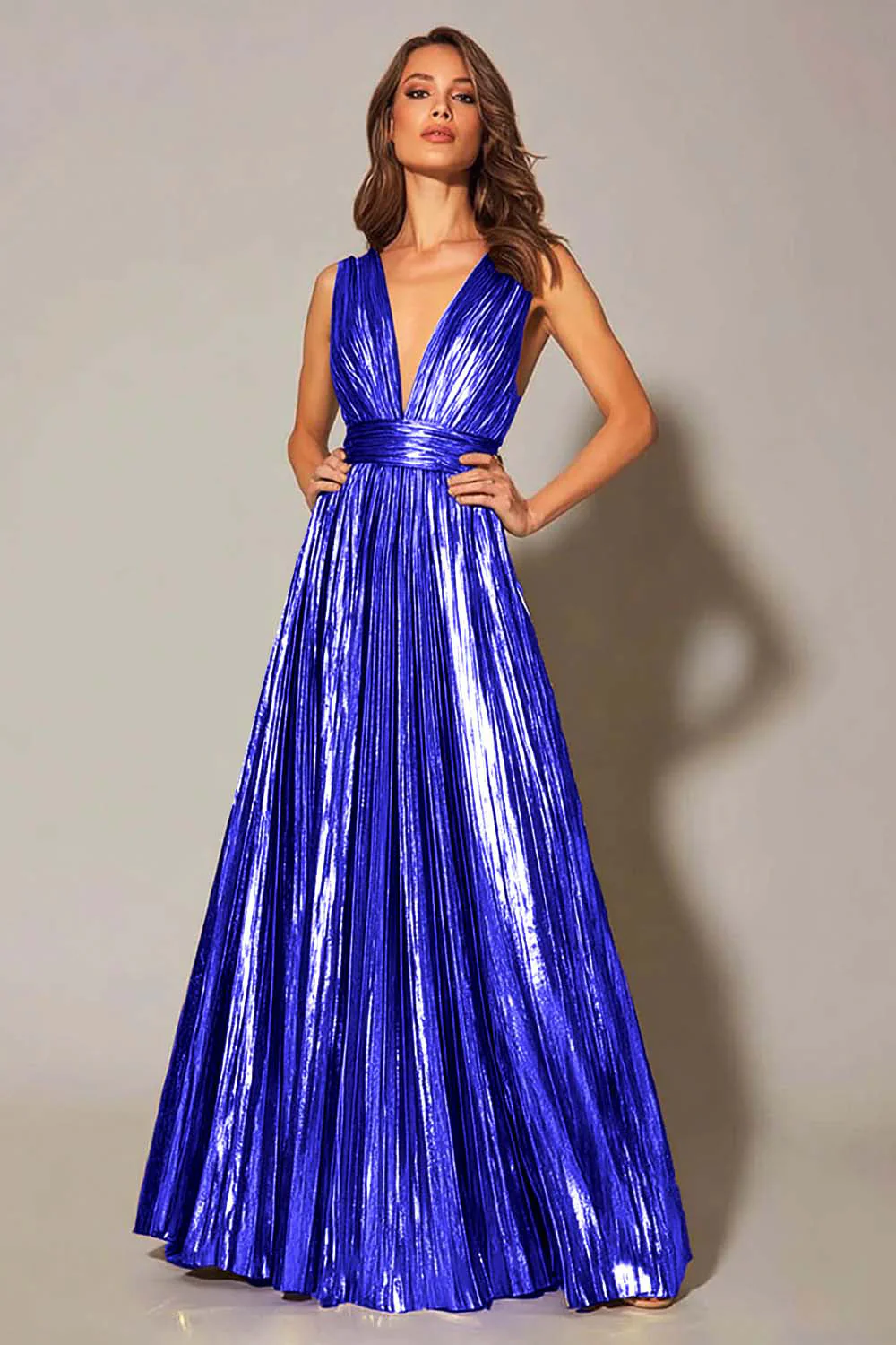 Golden Metallic A Line Pleated Formal Dress - Image 9