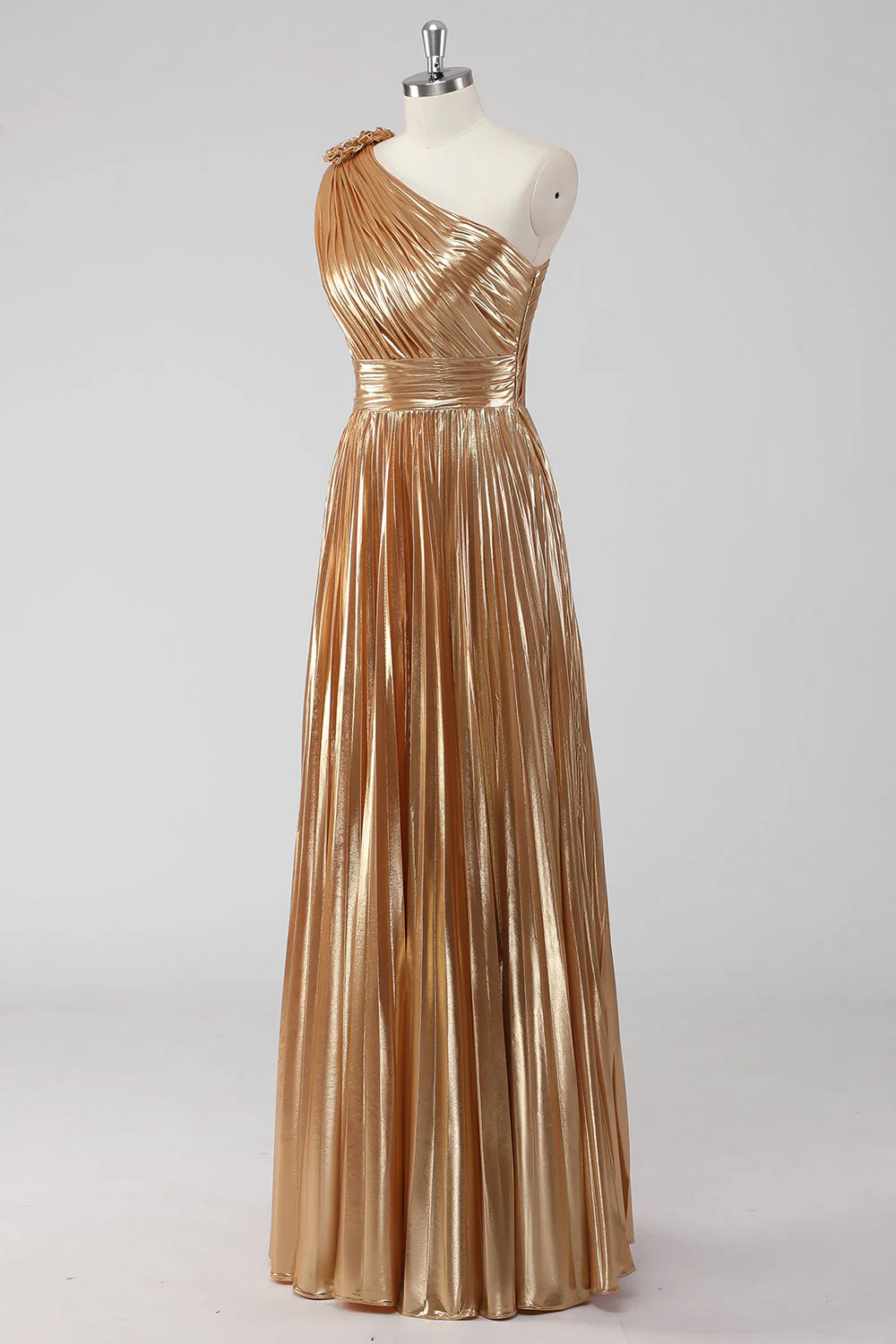 Metallic Golden One Shoulder A-Line Long Evening Dress - Image 3