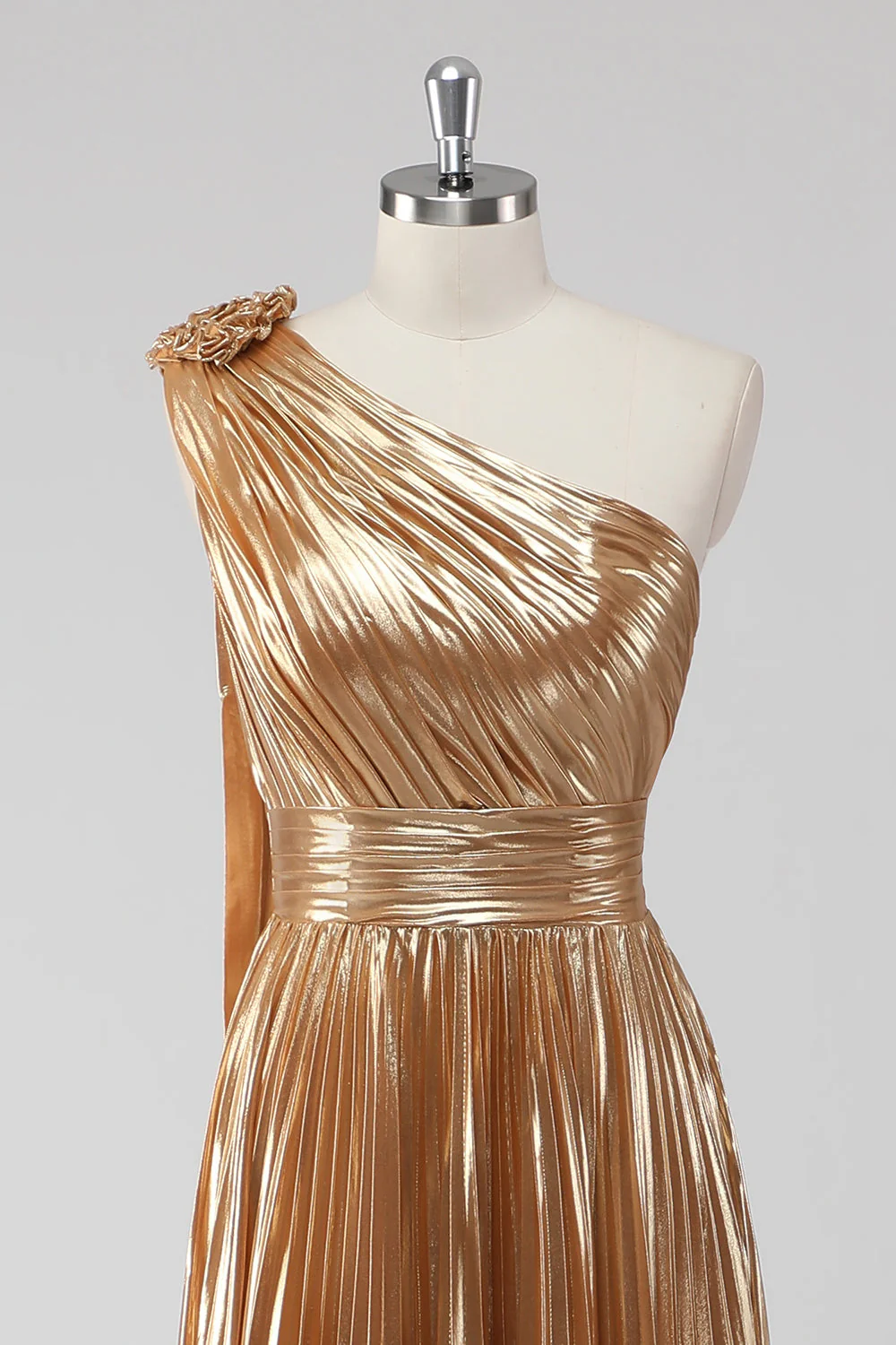 Metallic Golden One Shoulder A-Line Long Evening Dress - Image 6
