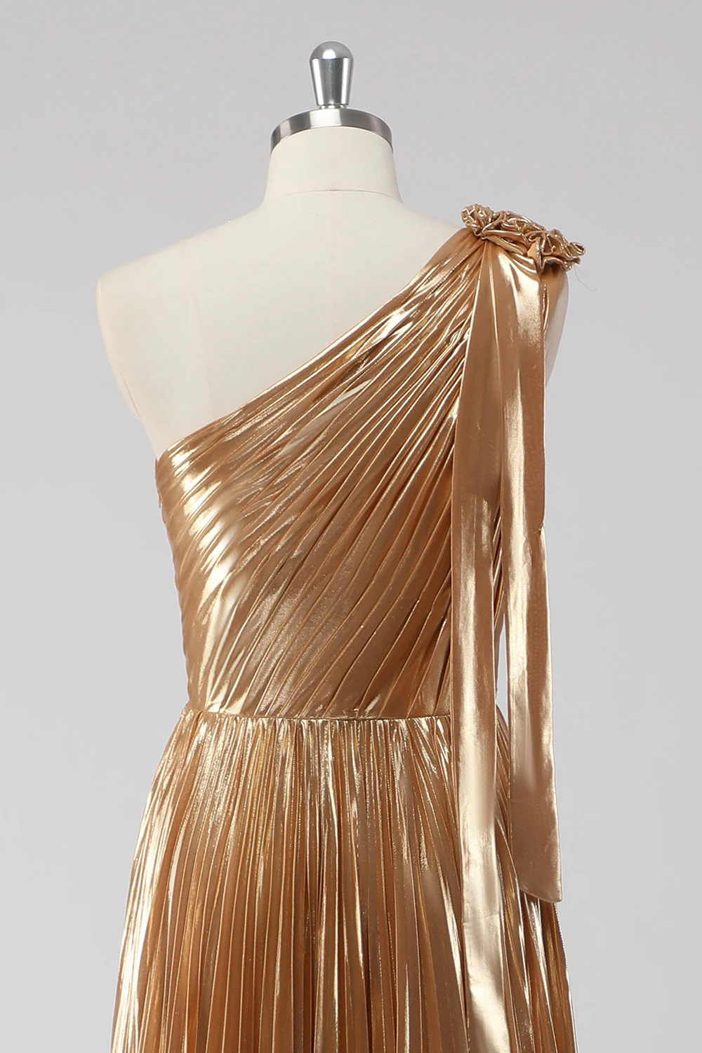 Metallic Golden One Shoulder A-Line Long Evening Dress - Image 7