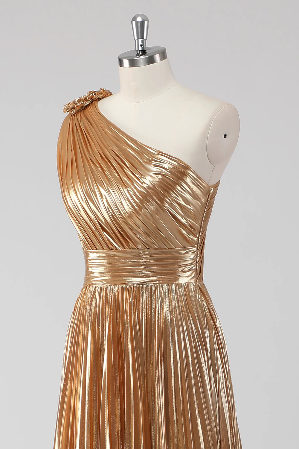 Metallic Golden One Shoulder A-Line Long Evening Dress - Image 8