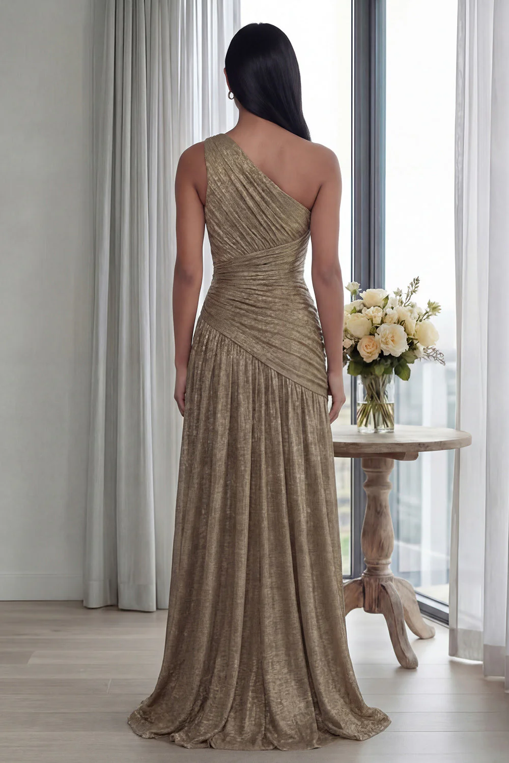 Golden Pleated A Line One Shoulder Long Evening Dress with Slit - Image 2