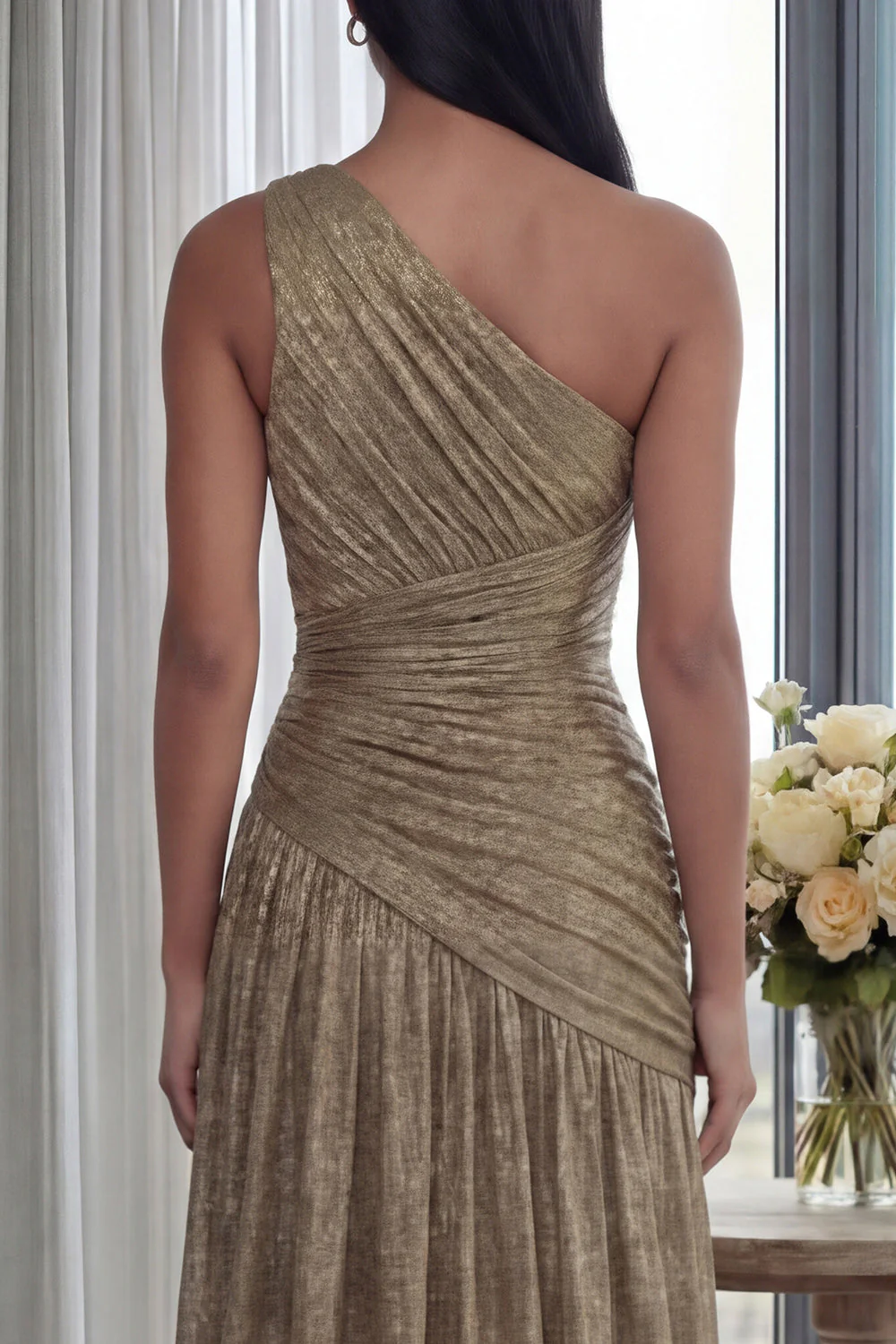 Golden Pleated A Line One Shoulder Long Evening Dress with Slit - Image 4