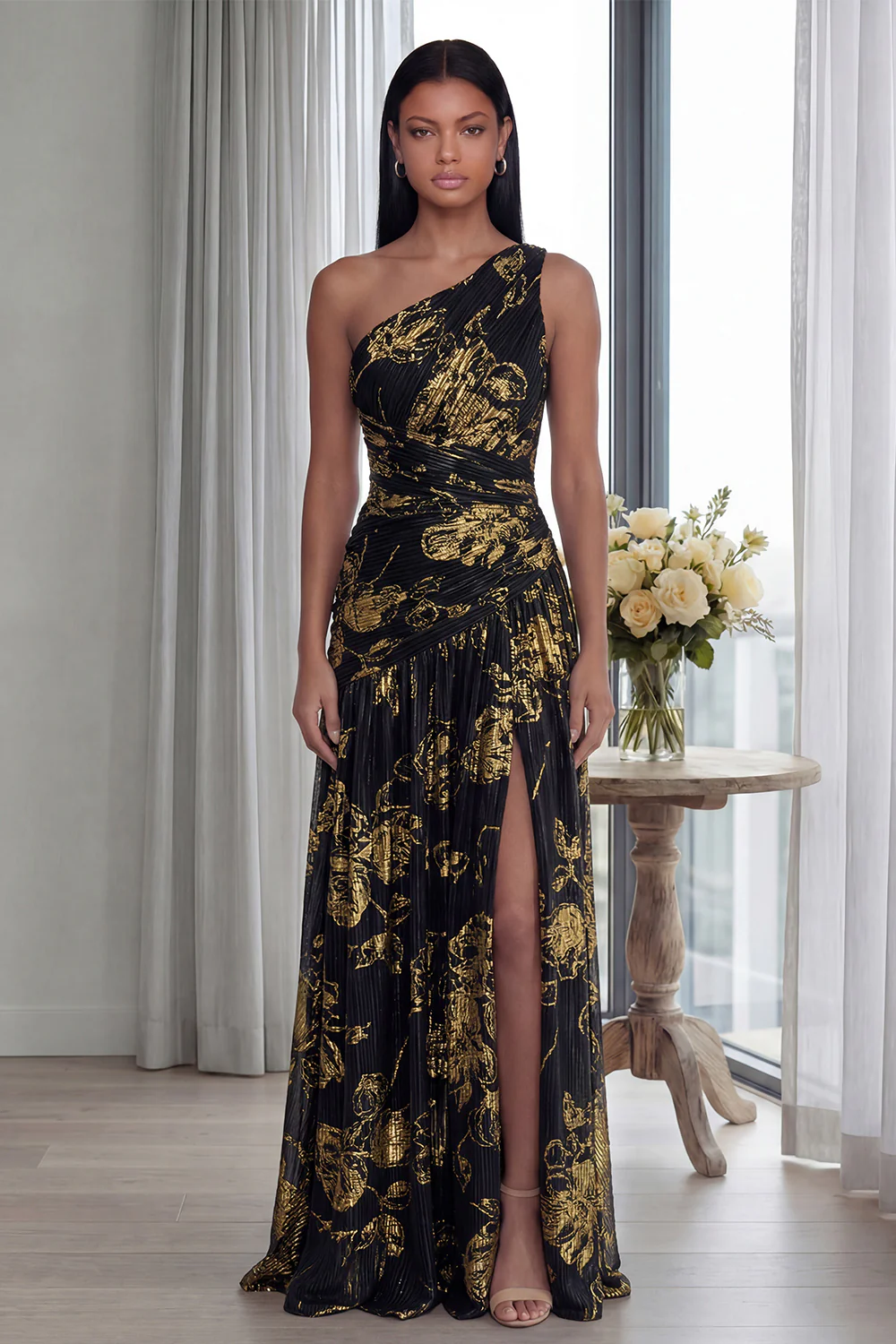 Golden Pleated A Line One Shoulder Long Evening Dress with Slit - Image 5