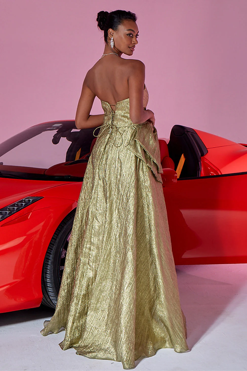 Golden Strapless A Line Prom Dress with Bow - Image 2