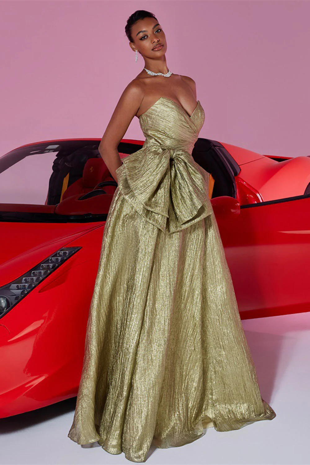 Golden Strapless A Line Prom Dress with Bow - Image 3