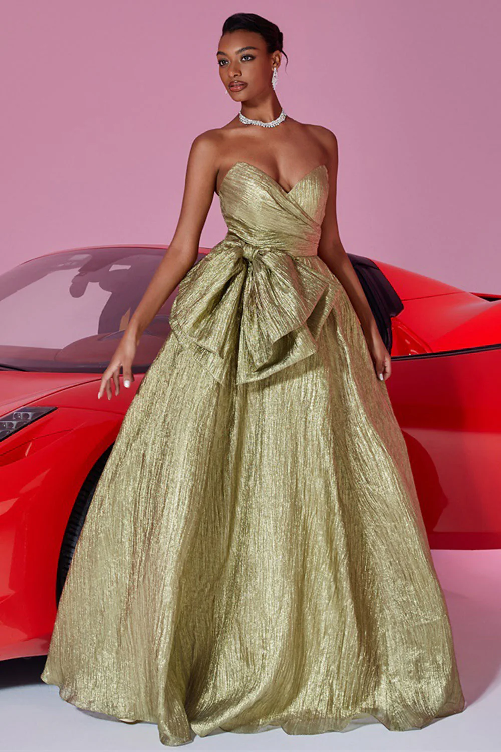 Golden Strapless A Line Prom Dress with Bow - Image 4