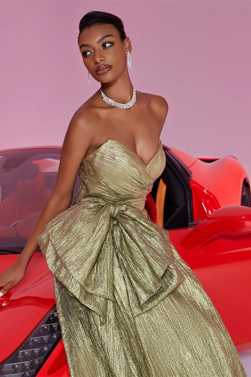 Golden Strapless A Line Prom Dress with Bow - Image 6