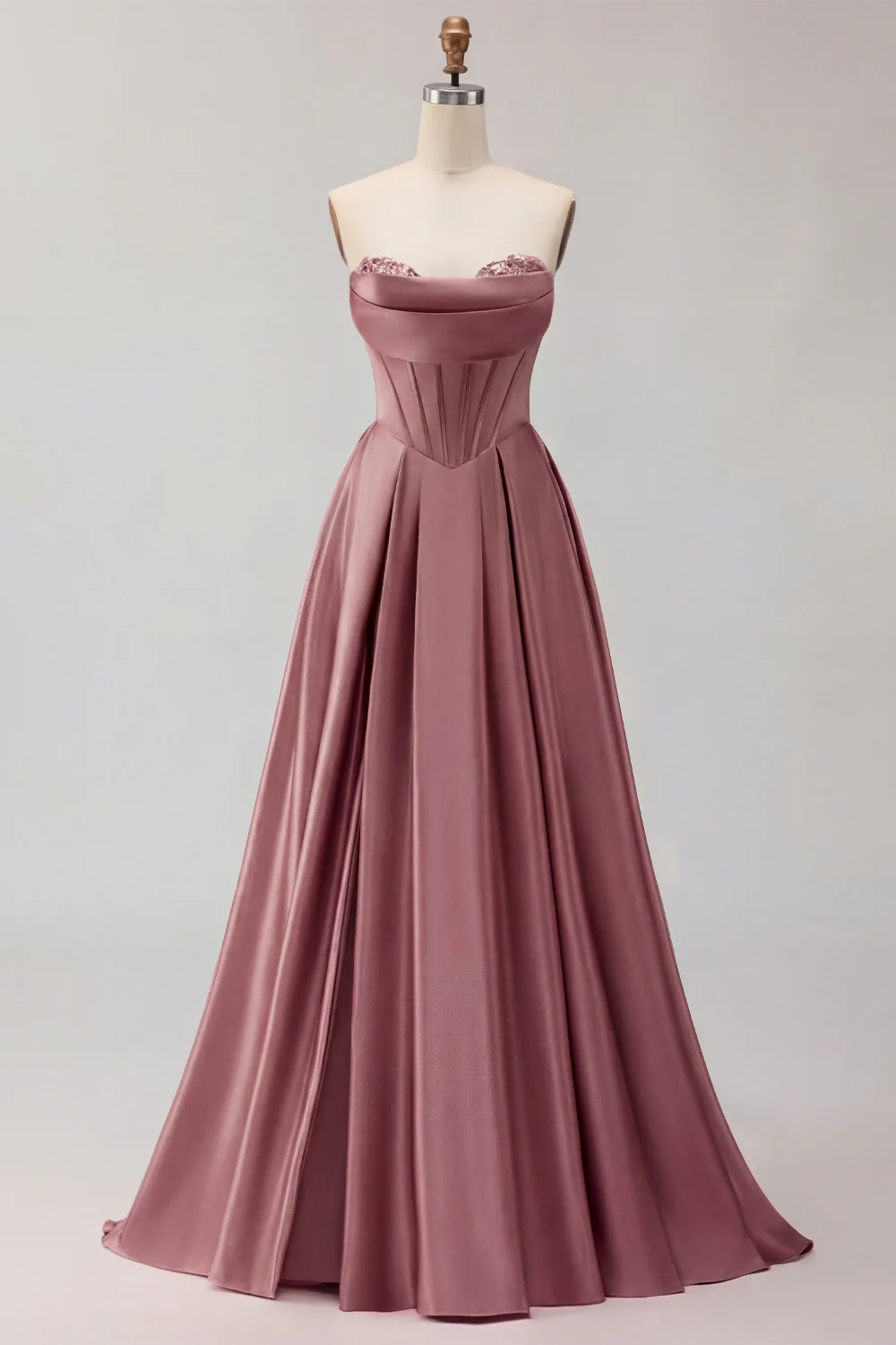 Golden Strapless Satin A-Line Corset Long Prom Dress - Image 13