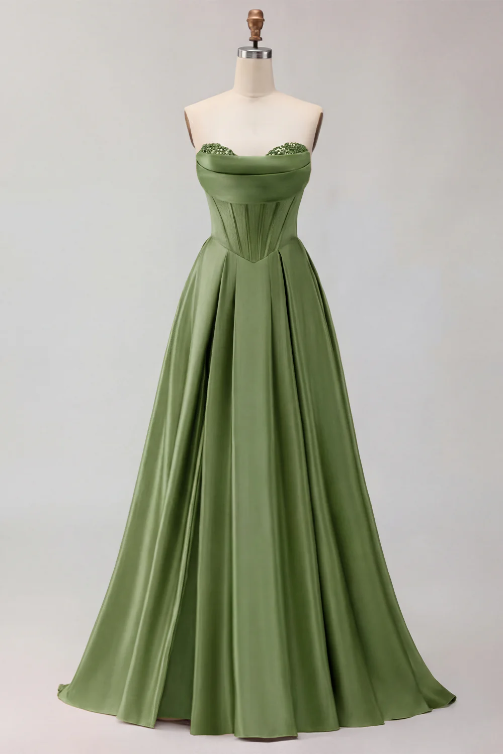 Golden Strapless Satin A-Line Corset Long Prom Dress - Image 17