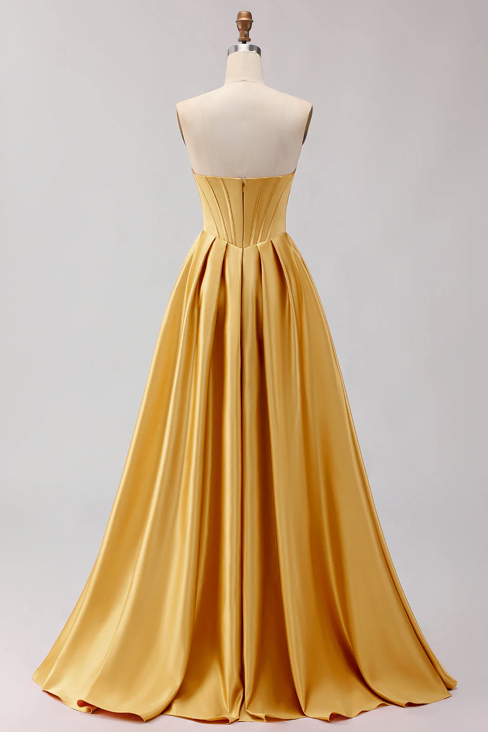 Golden Strapless Satin A-Line Corset Long Prom Dress - Image 2