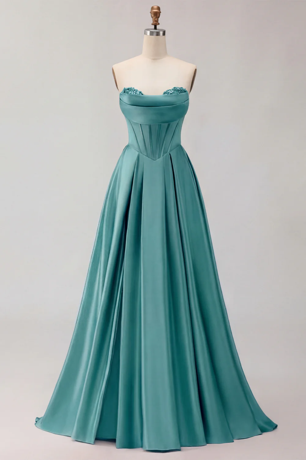 Golden Strapless Satin A-Line Corset Long Prom Dress - Image 29