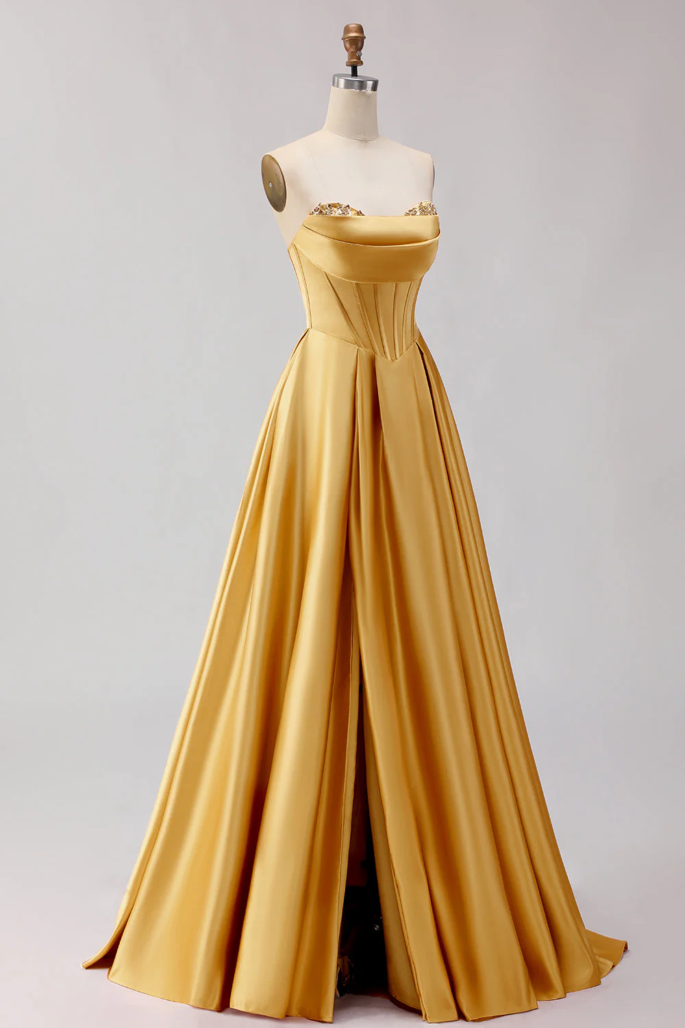 Golden Strapless Satin A-Line Corset Long Prom Dress - Image 3
