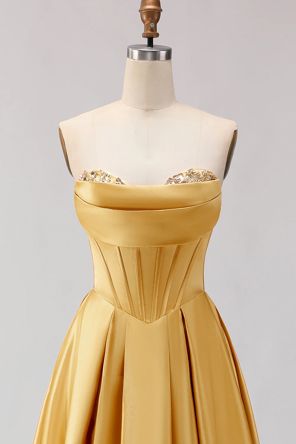 Golden Strapless Satin A-Line Corset Long Prom Dress - Image 4