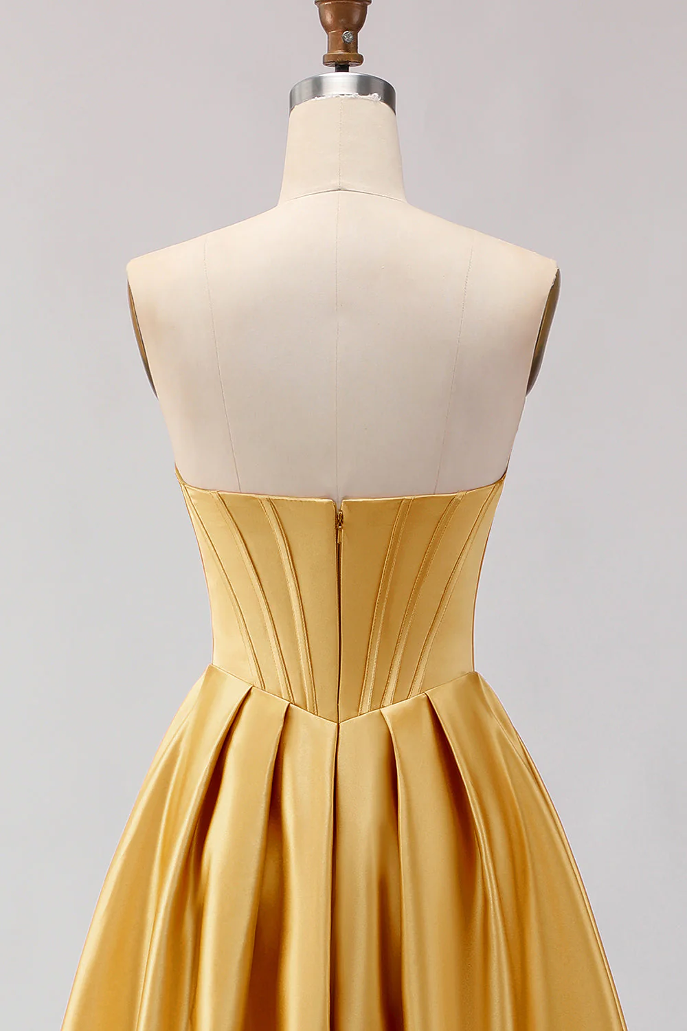 Golden Strapless Satin A-Line Corset Long Prom Dress - Image 5